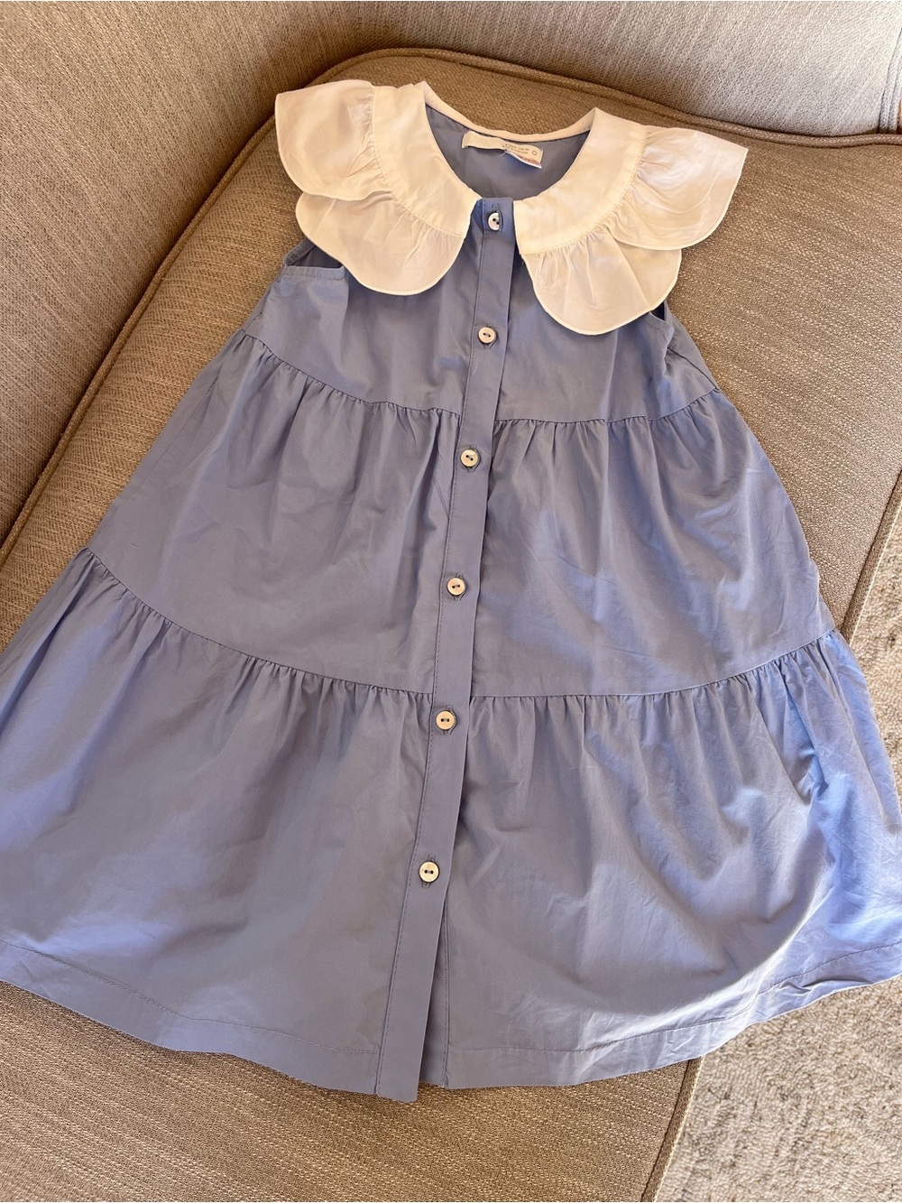 Girls' Blue Tiered Button-Front Dress with White Peter Pan Collar